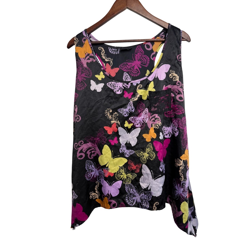 VTG Torrid Women 1X Butterfly Sleeveless Lace Pocket Asymmetric Black Tank Top